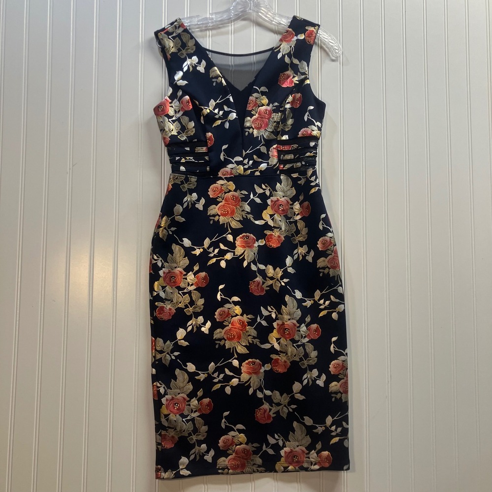 Navy Metallic Floral Mesh Cutout Sleeveless Sheath Bodycon Dress Women SZ 0 or 2